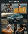 Collage showing versatile use of Portable Tire Inflator With Dual Power Motors And Bright LED Light 150 PSI for bikes, inflatables, car