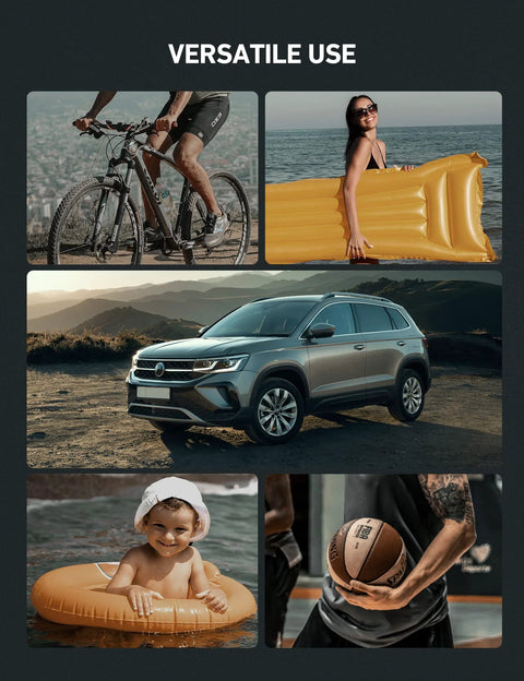 Collage showing versatile use of Portable Tire Inflator With Dual Power Motors And Bright LED Light 150 PSI for bikes, inflatables, car