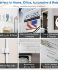 Collage showing uses of removable double sided mounting tape: plastic hooks, automotive badges, signs, wire clips, appliance trim, POP displays.
