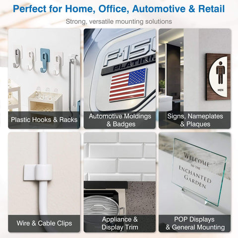 Collage showing uses of removable double sided mounting tape: plastic hooks, automotive badges, signs, wire clips, appliance trim, POP displays.