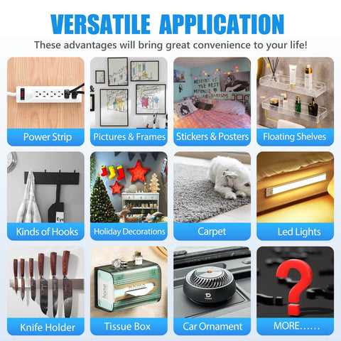 Various applications of mounting tape for power strips, pictures, shelves, hooks, decorations, carpets, lights, and more.