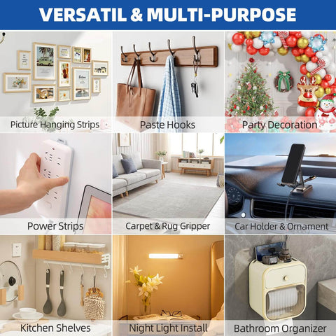 Collage of images showing uses of Heavy Duty Double Sided Tape 2 Inch By 16.5 Feet Removable No Residue PE Foam Mounting Tape