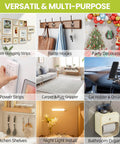 Collage showing versatile and multi-purpose uses for heavy duty clear double sided tape in home settings.