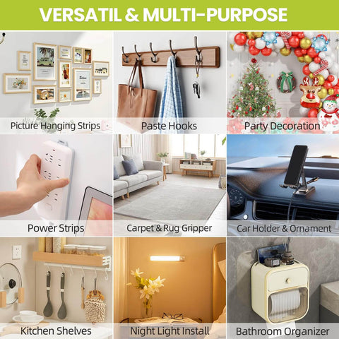 Collage showing versatile and multi-purpose uses for heavy duty clear double sided tape in home settings.
