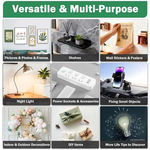 Collage showing uses of three rolls heavy duty double sided tape set with nano adhesive for home and office applications.