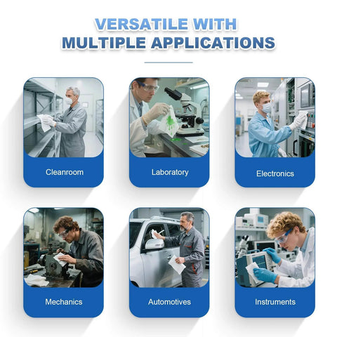 Collage showing applications of Lint Free Cleanroom Wipes 4x4 Inches 1200 Pack, suitable for labs, electronics, automotive, and more.