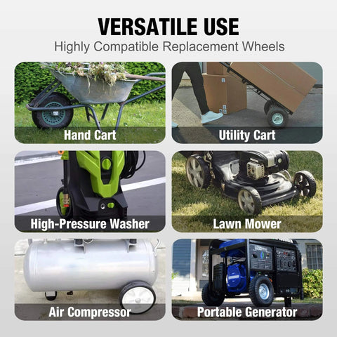 Image showing versatile use of solid rubber tires and wheels, including for hand cart, utility cart, lawn mower, and generator.