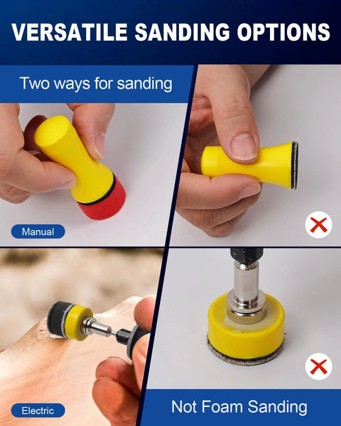 Demonstration of 1 Inch Wet And Dry Sanding Discs And Drums Kit For Rotary Tool 60 To 10000 Grit with manual and electric options.