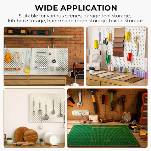 Wall-mounted storage solutions for kitchen tools, textiles, and garage tools showing diverse applications and organization ideas.