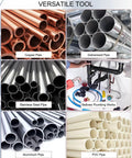 Different types of pipes including copper, galvanized, stainless steel, aluminum, and PVC in a plumbing setup view