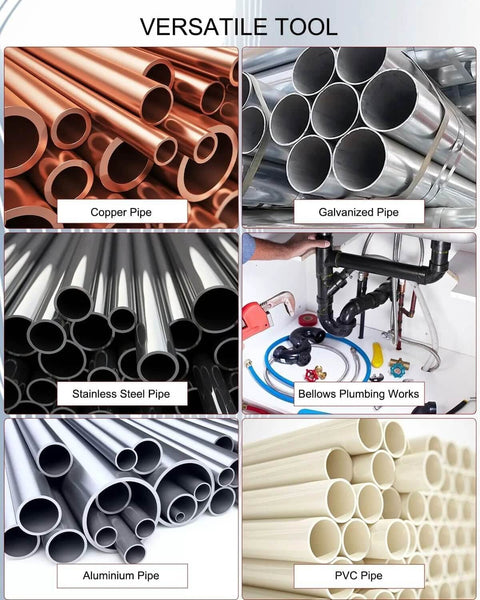 Different types of pipes including copper, galvanized, stainless steel, aluminum, and PVC in a plumbing setup view