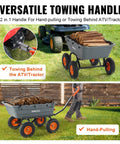 1200 lb 7 Cu Ft Garden Dump Cart with 2 in 1 Convertible Handle for towing logs by ATV or hand-pulling with 13 inch wheels