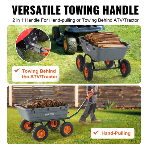 1200 lb 7 Cu Ft Garden Dump Cart with 2 in 1 Convertible Handle for towing logs by ATV or hand-pulling with 13 inch wheels