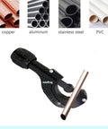 Front view of versatile tubing and pipe cutter for copper brass PVC thin stainless steel and aluminum from one eighth inch to one and three eighths inch outer diameter with an extra blade and reamer lightweight alloy steel for clean precise cuts in plumbing and DIY, shown cutting copper tube.