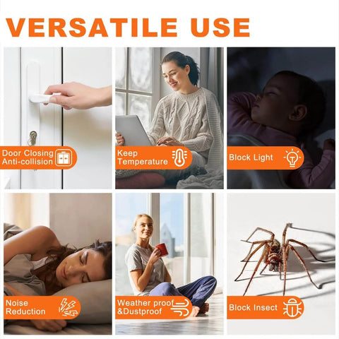Collage showing versatile uses of Black Rubber Weather Stripping Door Seal Strip, including noise reduction, temperature retention, and insect blocking.