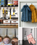 Hooks holding tools, coats, pans, and oven mitt in various settings