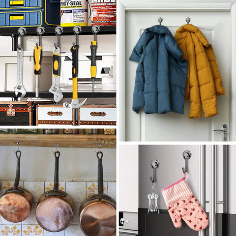 Hooks holding tools, coats, pans, and oven mitt in various settings