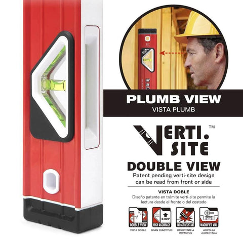 Three Piece Torpedo Level Set With 9, 24, And 48 Inch Aluminum Levels Built Tough For Any Job Site Featuring Verti-Site side view