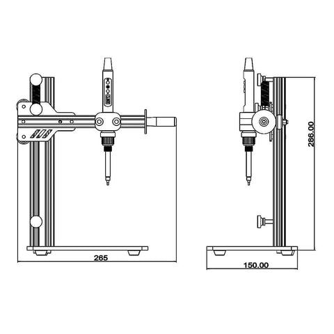 Technical drawing of Vertical Heat Pressing Machine, Heat Set Insert Tool with dimensions for Brass Inserts 3D Printing applications.