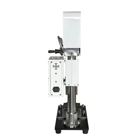 Side view of vertical injection molding machine for laboratory use with compact pneumatic handle and precise temperature control.