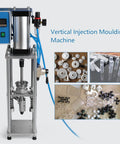 Vertical Injection Molding Machine Semi Automatic Pneumatic Plastic Extruder 0-15g Per Shot, 110V, shown with sample molded parts