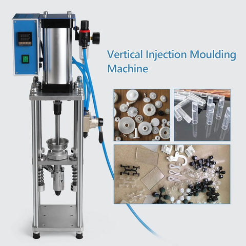 Vertical Injection Molding Machine Semi Automatic Pneumatic Plastic Extruder 0-15g Per Shot, 110V, shown with sample molded parts