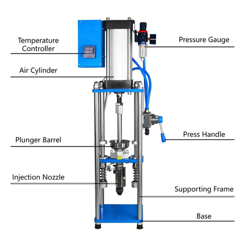 Front view of 30G Vertical Injection Molding Machine Semi Automatic Pneumatic Operation For ABS PVC PP PC PET Polymers 110V, labeled parts