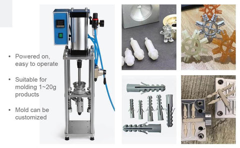 Vertical Injection Molding Machine For Small Batches ICZW Semi Automatic Pneumatic Plastic Press With Bench Vise And Test Mold 110V 0-15g Per Shot Temperature Range 0 To 350 Celsius, showing various molds and produced parts.