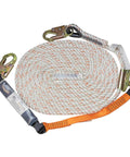 100-Foot Vertical Lifeline Assembly With Fall Protection Lanyard And Shock Absorber, heavy-duty safety rope coiled, metal hooks visible