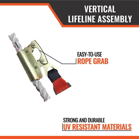Close-up of 100-Foot Vertical Lifeline Assembly With Fall Protection Lanyard And Shock Absorber, heavy-duty safety rope showing rope grab
