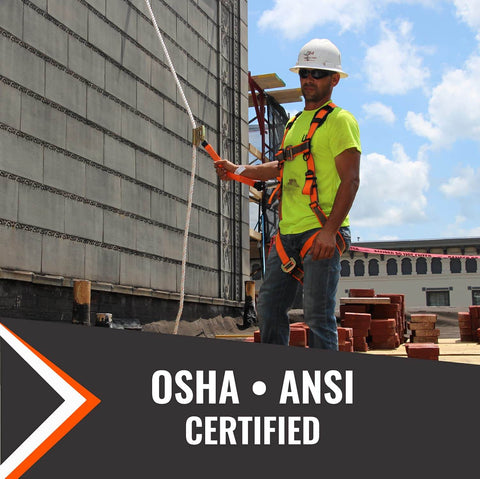 Construction worker using 100-Foot Vertical Lifeline Assembly with Fall Protection Lanyard and Shock Absorber on site