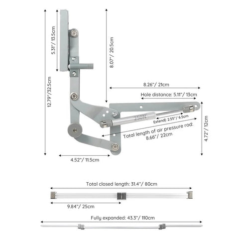 Technical diagram of Door Hinges Set, Vertical Swing Lift Up Stay Pneumatic Arm Kitchen Mechanism Hinges with measurements.