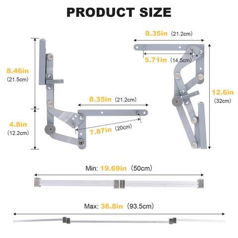 Product size diagram of Cabinet Door Lift up Hinge, Vertical Lift Hinge showing dimensions for installation.