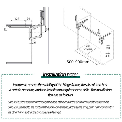 Installation diagram for 2PCS Vertical Lift Hinge, Vertical Swing Lift Pneumatic Arm Kitchen Mechanical Hinge with measurement details
