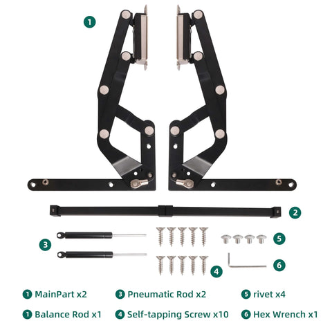 Vertical Lift Hinge, Vertical Swing Lift Pneumatic Arm Kitchen Mechanical Hinge Slow Closing, Matte Black components layout.