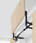 Vertical Lift Hinge, Vertical Swing Lift Pneumatic Arm Kitchen Mechanical Hinge Slow Closing in matte black installed on cabinet door.