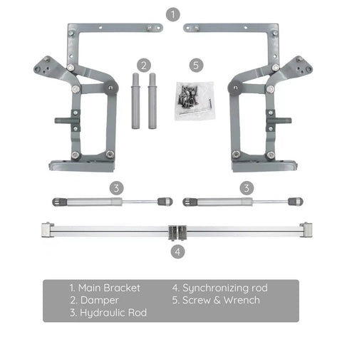 Door Hinges Set with Vertical Swing Lift Up Stay Pneumatic Arm, showing components and installation tools, suitable for cabinets.