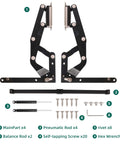 2PCS Vertical Lift Hinge set with labeled components including pneumatic rods, balance rods, screws, and hex wrenches, matte black finish.