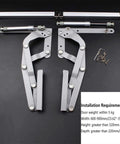 Vertical Swing Lift Up Stay Pneumatic for Cabinet Door - Durable Silent Folding Hardware, Silver shown with installation requirements.