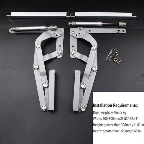 Vertical Swing Lift Up Stay Pneumatic for Cabinet Door - Durable Silent Folding Hardware, Silver shown with installation requirements.