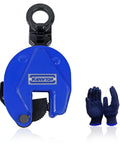 Heavy Duty Vertical Plate Clamp For Lifting And Transporting Steel Plates With 1 Ton Load Capacity 2200 Lb And A 0.8 Inch Jaw Opening Built From Industrial Alloy Steel By KARRYTON shown with gloves