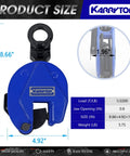 Heavy Duty Vertical Plate Clamp For Lifting And Transporting Steel Plates With 1 Ton Load Capacity 2200 Lb And A 0.8 Inch Jaw Opening Built From Industrial Alloy Steel By KARRYTON shown with dimensions and load capacity.