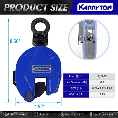 Heavy Duty Vertical Plate Clamp For Lifting And Transporting Steel Plates With 1 Ton Load Capacity 2200 Lb And A 0.8 Inch Jaw Opening Built From Industrial Alloy Steel By KARRYTON shown with dimensions and load capacity.