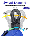 Heavy Duty Vertical Plate Clamp with swivel shackle showing 180° and 90° rotation, for lifting and transporting steel plates, 1 ton load capacity by KARRYTON.