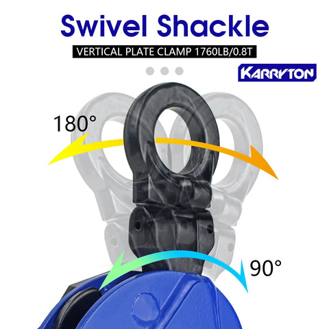 Heavy Duty Vertical Plate Clamp with swivel shackle showing 180° and 90° rotation, for lifting and transporting steel plates, 1 ton load capacity by KARRYTON.