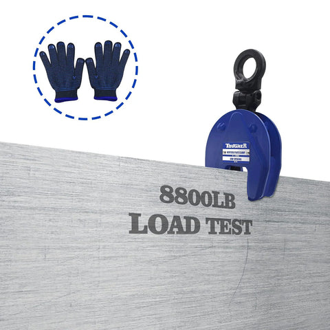 Heavy Duty Vertical Plate Clamp For Lifting And Transporting Up To 2200Lbs With 0.8 Inch Jaw Opening used in load test with gloves