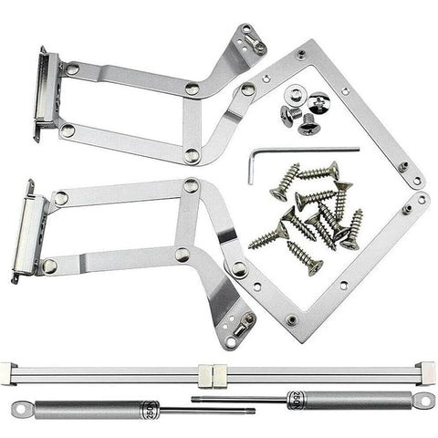 Vertical Swing Lift Up Stay Pneumatic for Cabinet Door hardware set including silver hinges, screws, and pneumatic arm mechanism