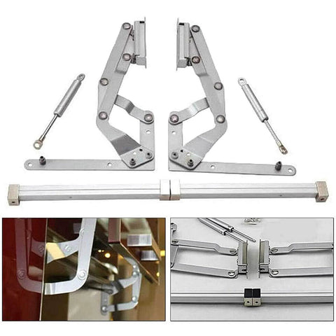 Vertical Swing Lift Up Stay Pneumatic for Cabinet Door - Durable Silent Folding Hardware, Silver hinges and arm mechanism