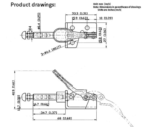Technical drawing of Six Pack Toggle Clamps GH301AM Non Slip Vertical Quick Release Tool Set with dimensions.