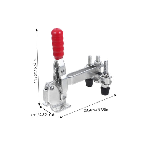 Two Pack Vertical Toggle Clamp Welding Fixture with red handle, showing dimensions for quick release in welding and metalworking.